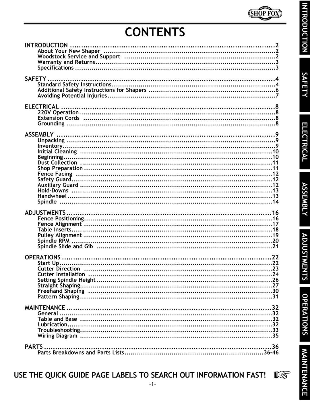 Woodstock W1702 instruction manual Contents 