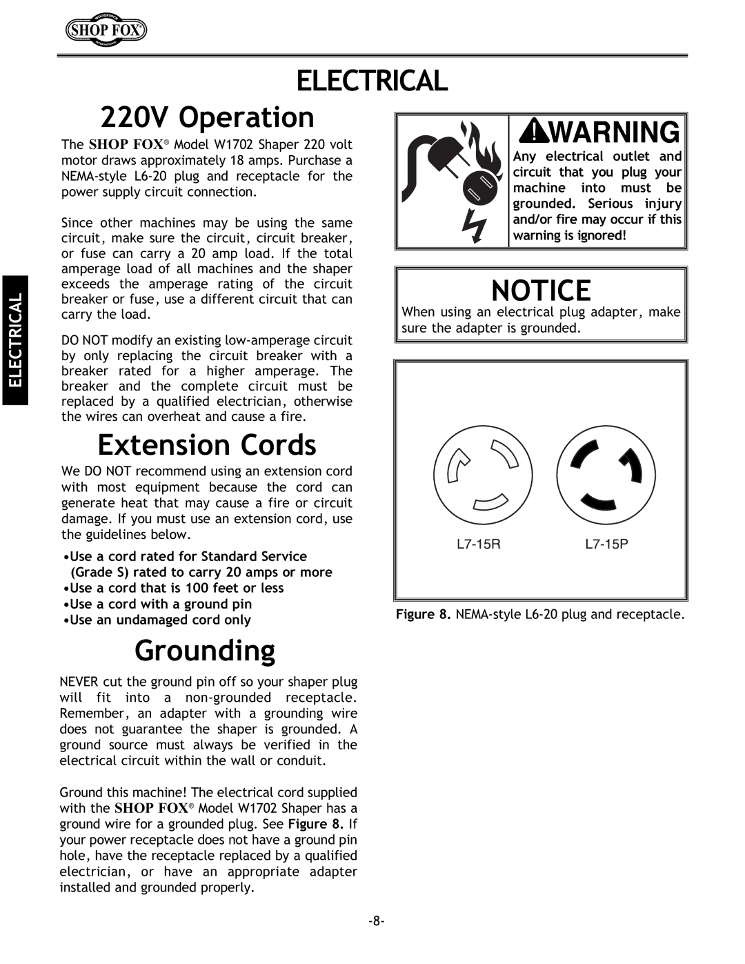 Woodstock W1702 instruction manual 220V Operation, Extension Cords, Grounding 