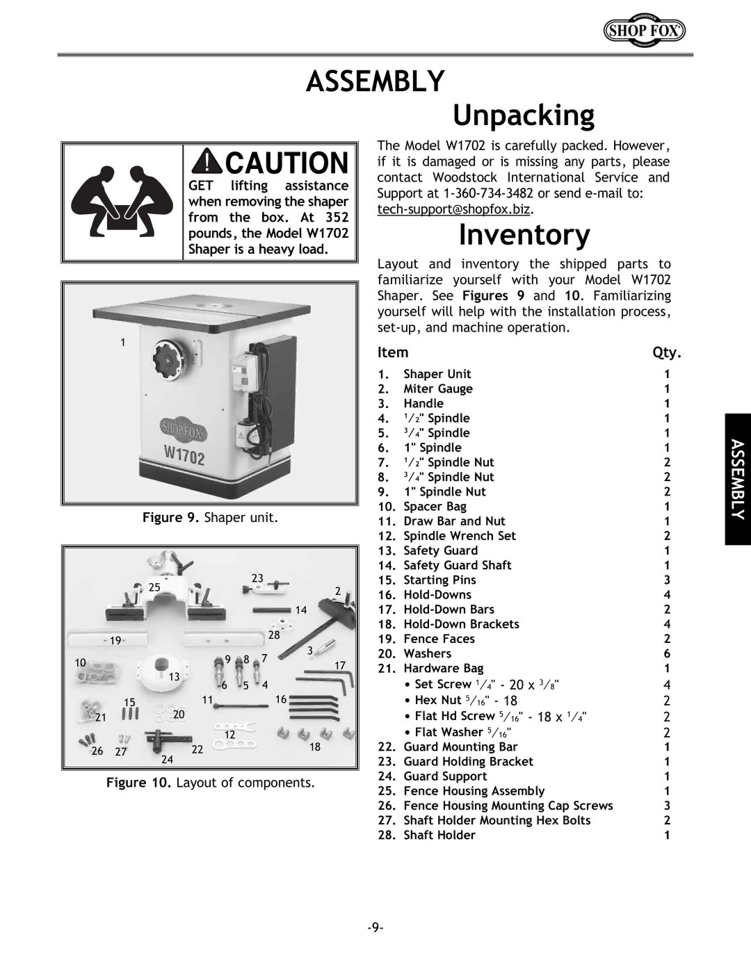 Woodstock W1702 instruction manual Unpacking, Inventory 