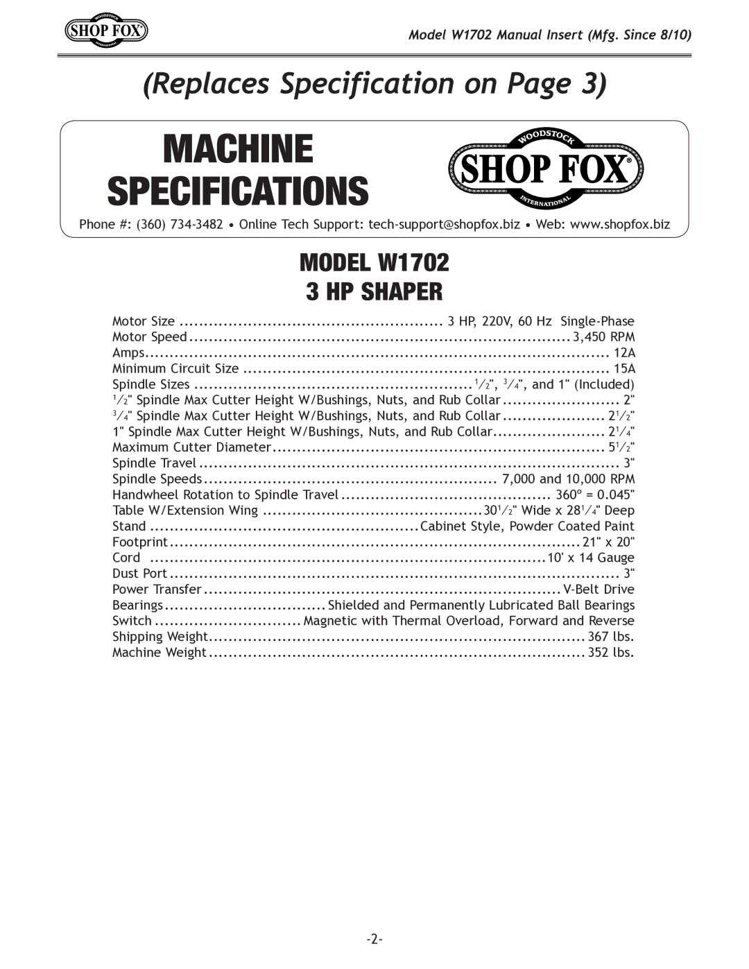 Woodstock W1702 instruction manual Machine Specifications 