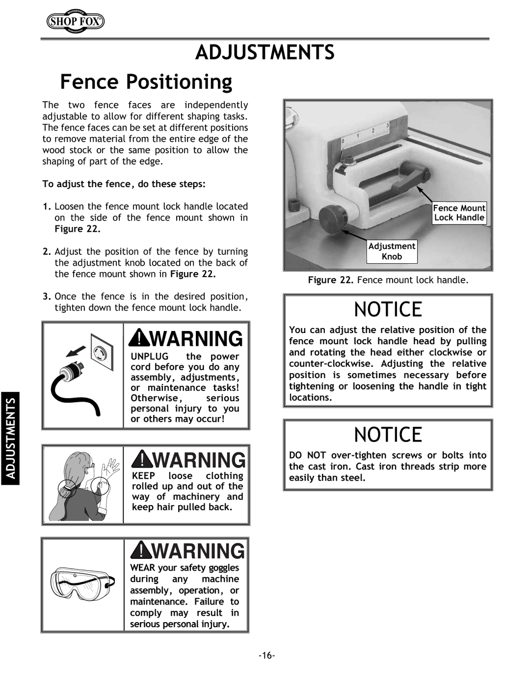 Woodstock W1702 instruction manual Fence Positioning, To adjust the fence, do these steps 