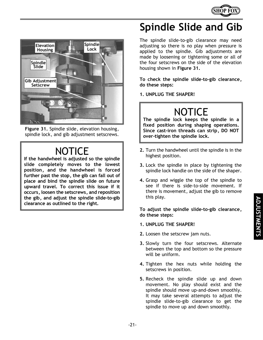 Woodstock W1702 instruction manual Spindle Slide and Gib, To check the spindle slide-to-gib clearance, do these steps 