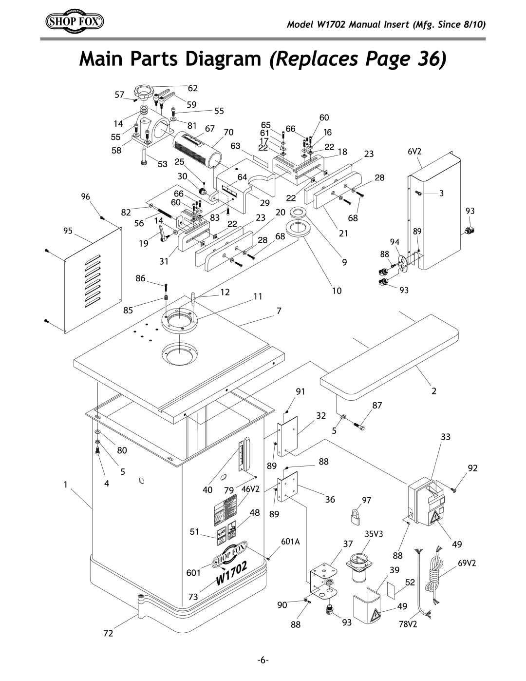 Woodstock W1702 instruction manual Main Parts Diagram Replaces 