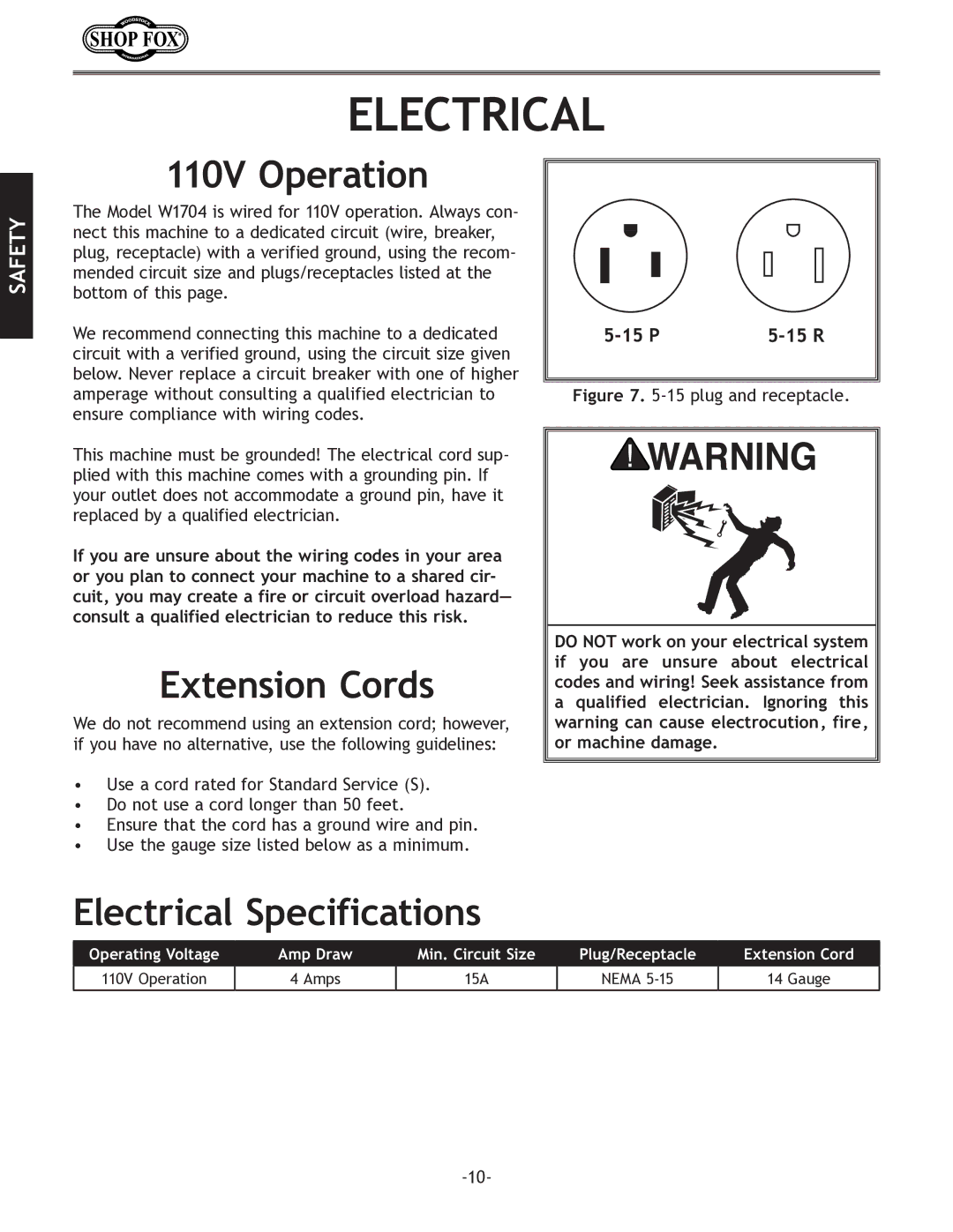 Woodstock W1704 instruction manual 110V Operation, Extension Cords, Electrical Specifications 