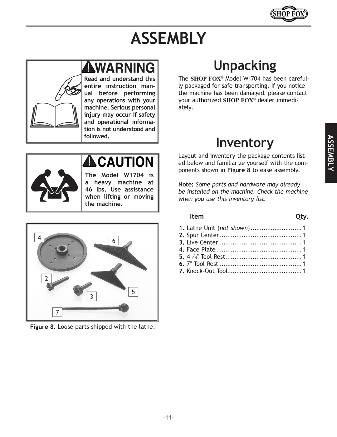 Woodstock W1704 instruction manual Assembly, Unpacking, Inventory 