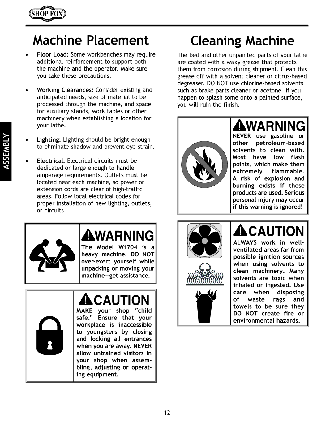 Woodstock W1704 instruction manual Machine Placement, Cleaning Machine 