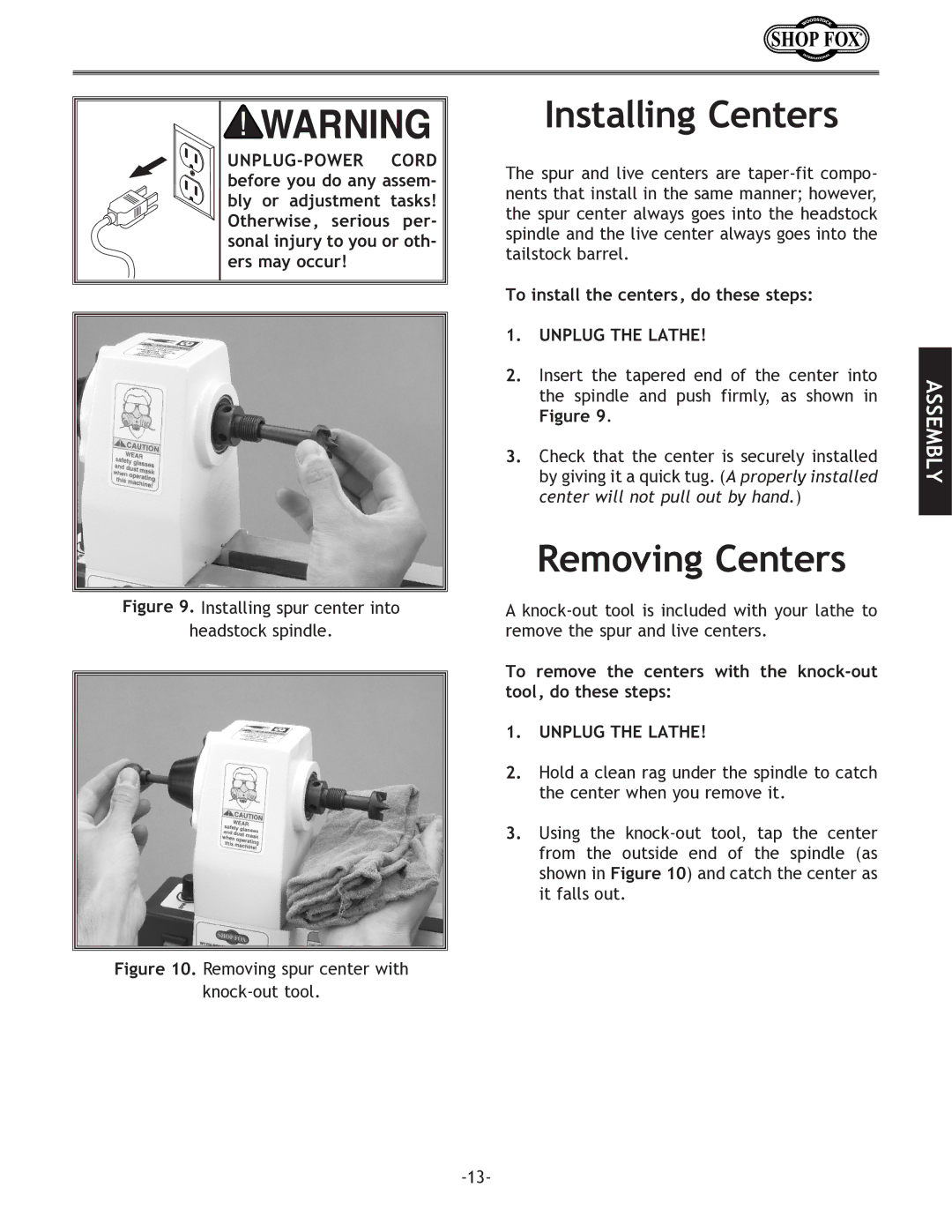 Woodstock W1704 instruction manual Installing Centers, Removing Centers 