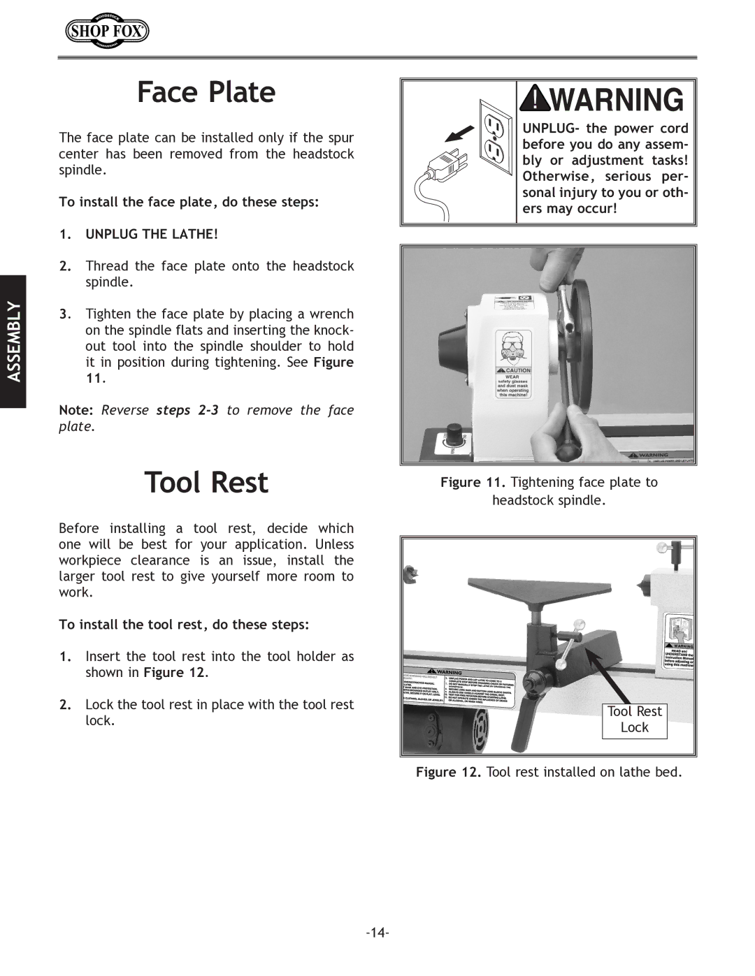 Woodstock W1704 instruction manual Face Plate, Tool Rest 