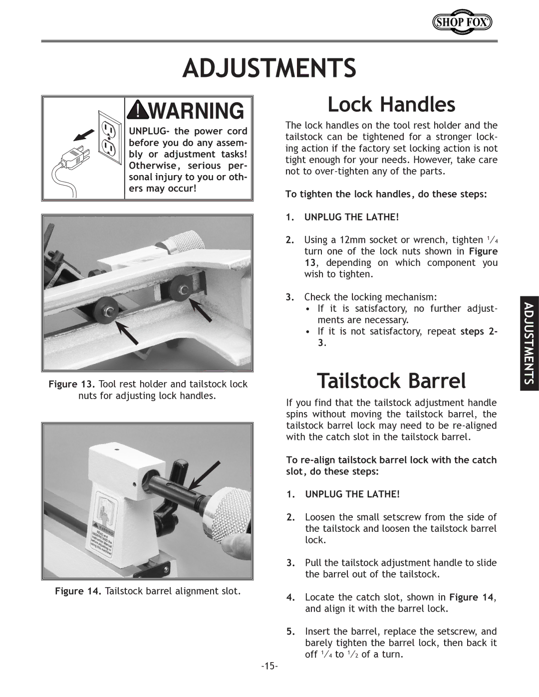 Woodstock W1704 instruction manual Adjustments, Tailstock barrel alignment slot 