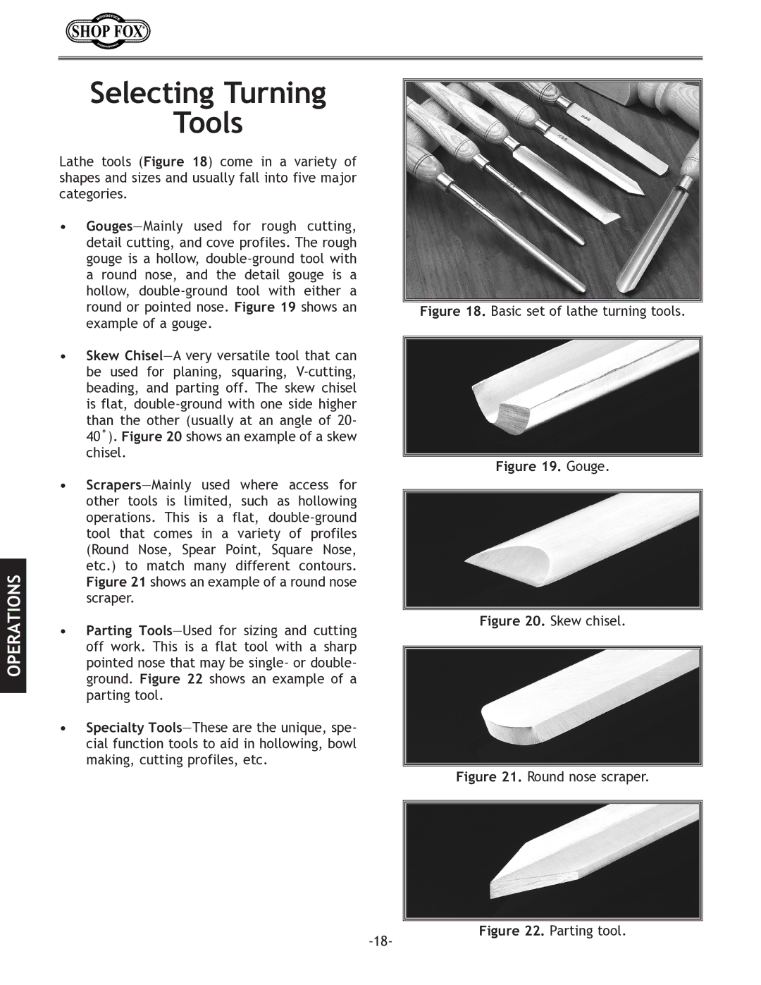 Woodstock W1704 instruction manual Selecting Turning Tools, Basic set of lathe turning tools 