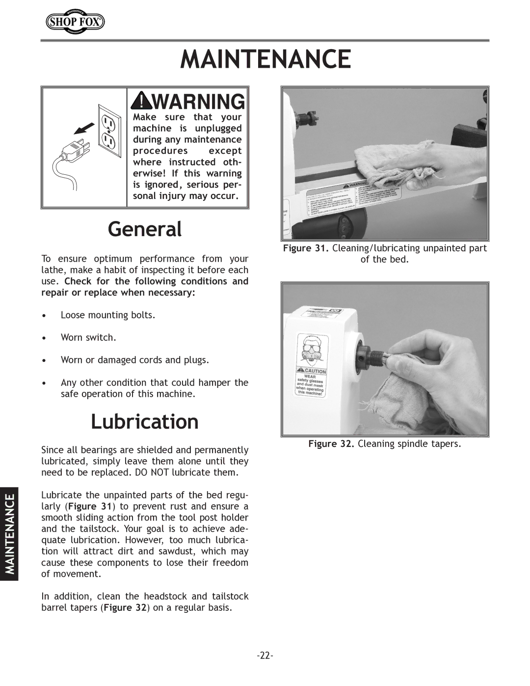 Woodstock W1704 instruction manual Maintenance, General, Lubrication 