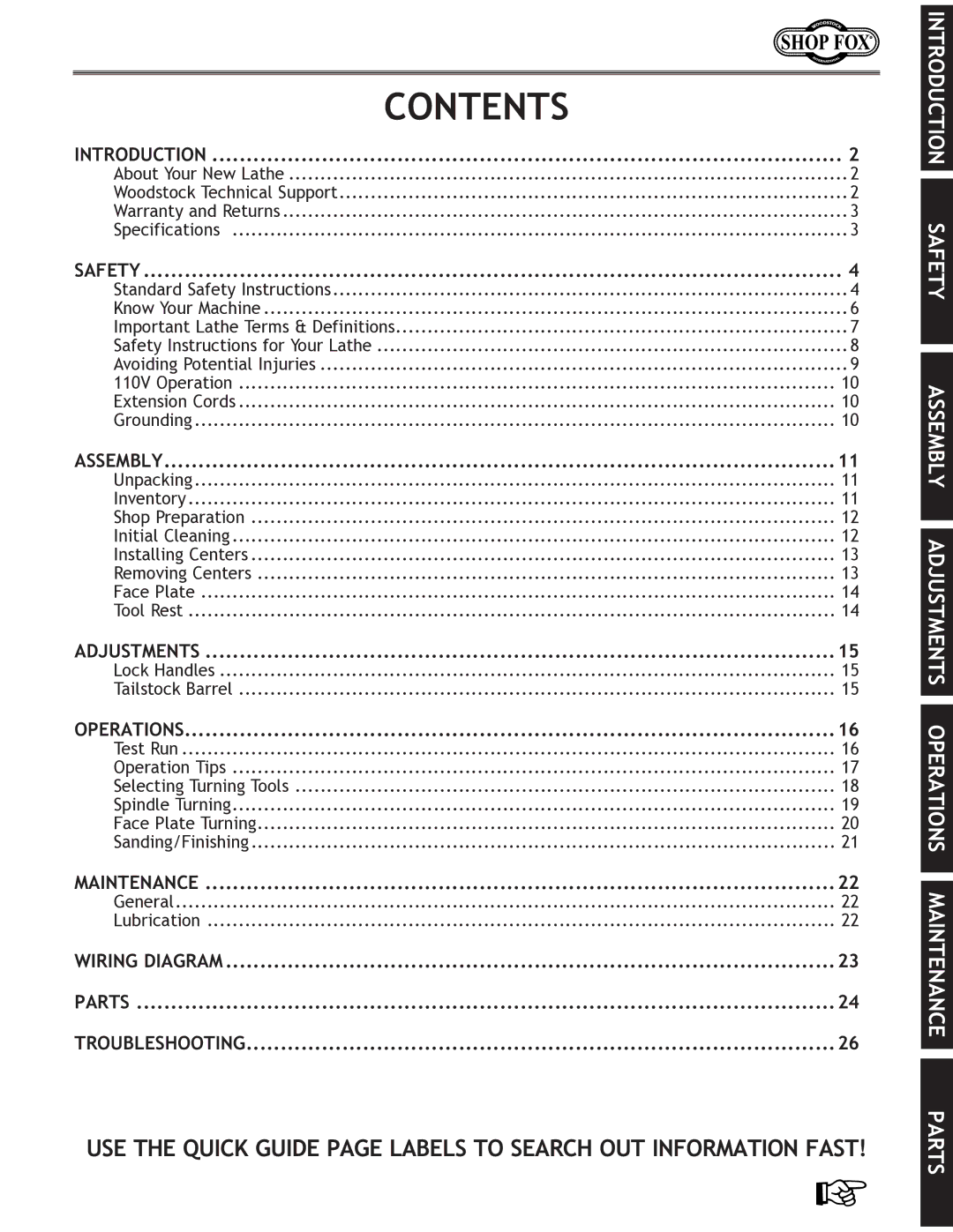 Woodstock W1704 instruction manual Contents 