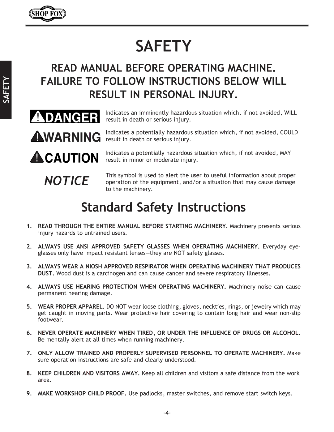 Woodstock W1704 instruction manual Safety J8=KP 