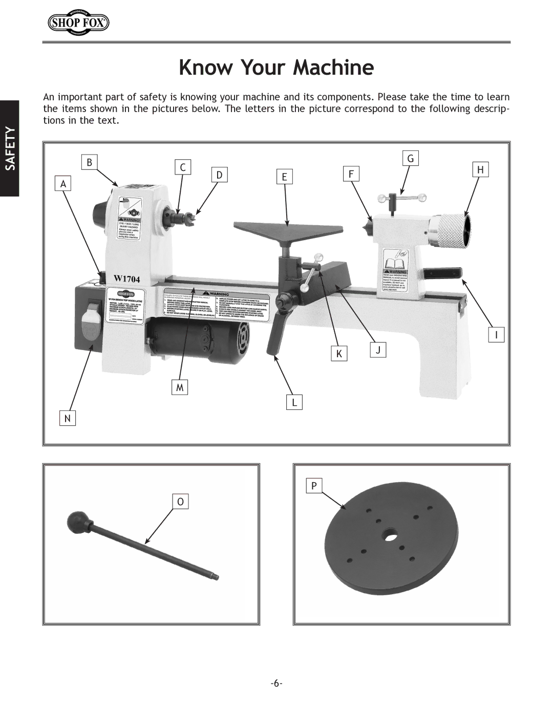 Woodstock W1704 instruction manual Know Your Machine, Safety 