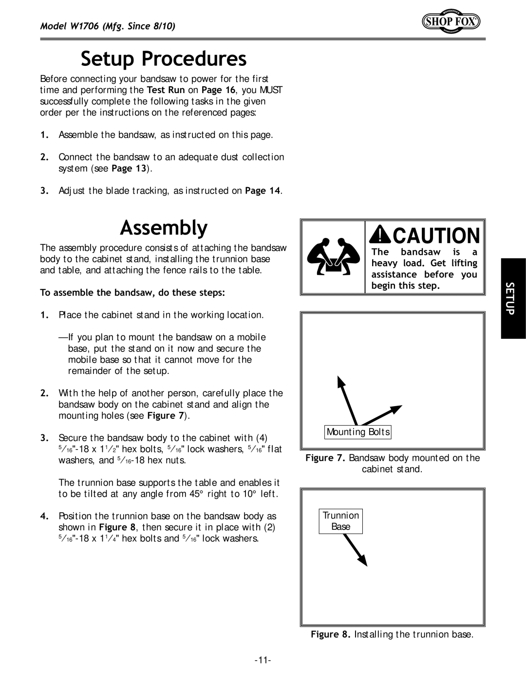 Woodstock W1706 owner manual Setup Procedures, Assembly, To assemble the bandsaw, do these steps 