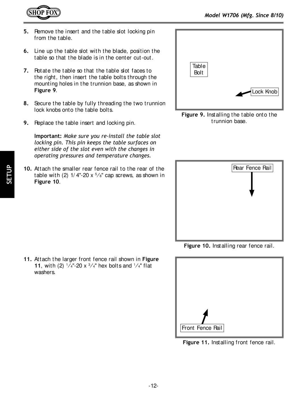 Woodstock W1706 owner manual Installing the table onto Trunnion base Rear Fence Rail 
