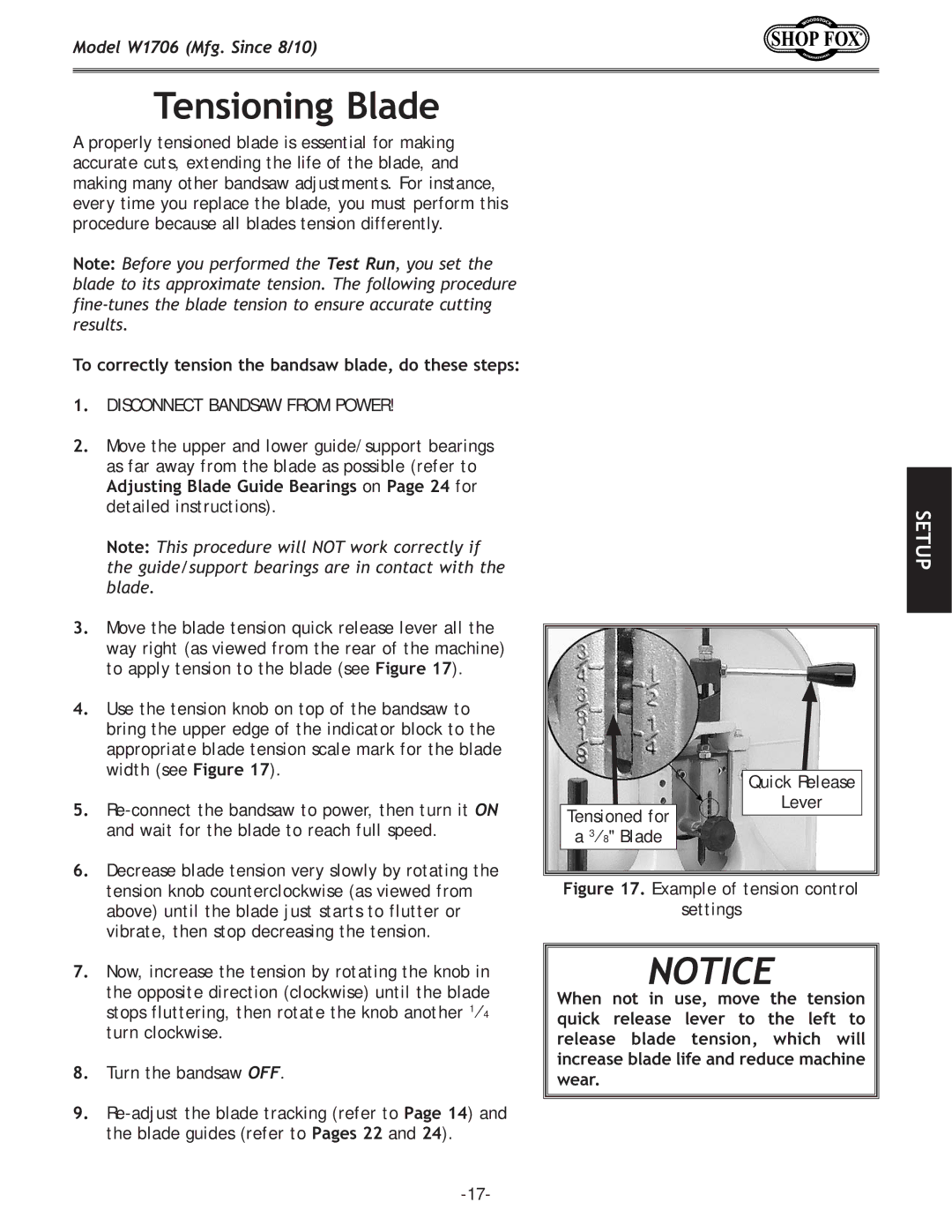 Woodstock W1706 owner manual Tensioning Blade, To correctly tension the bandsaw blade, do these steps 