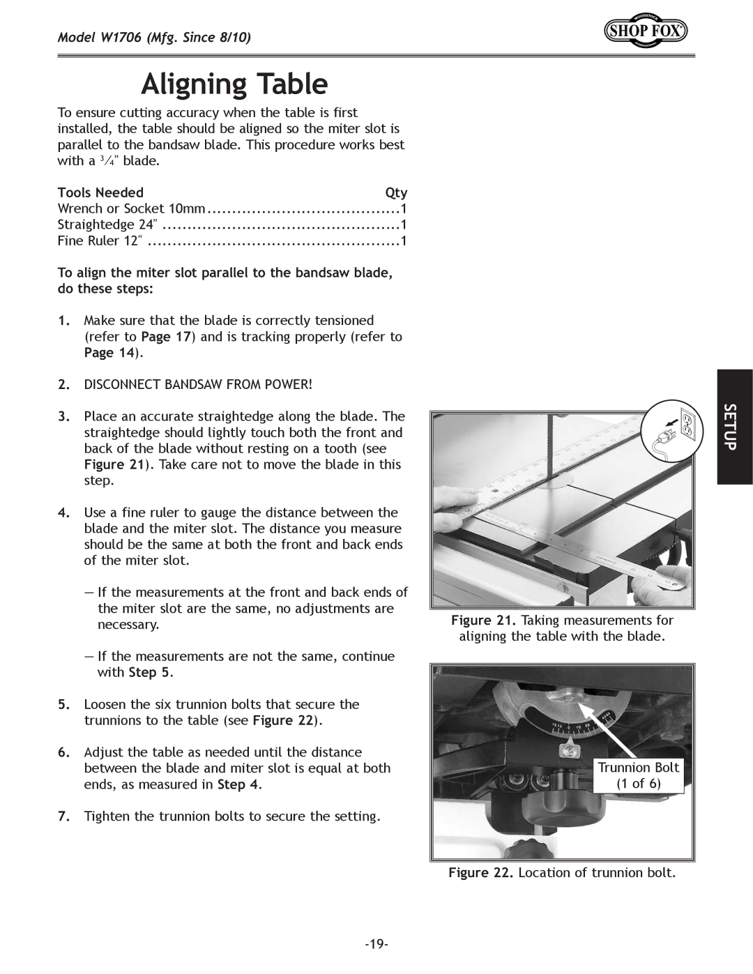 Woodstock W1706 owner manual Aligning Table, Taking measurements for aligning the table with the blade 