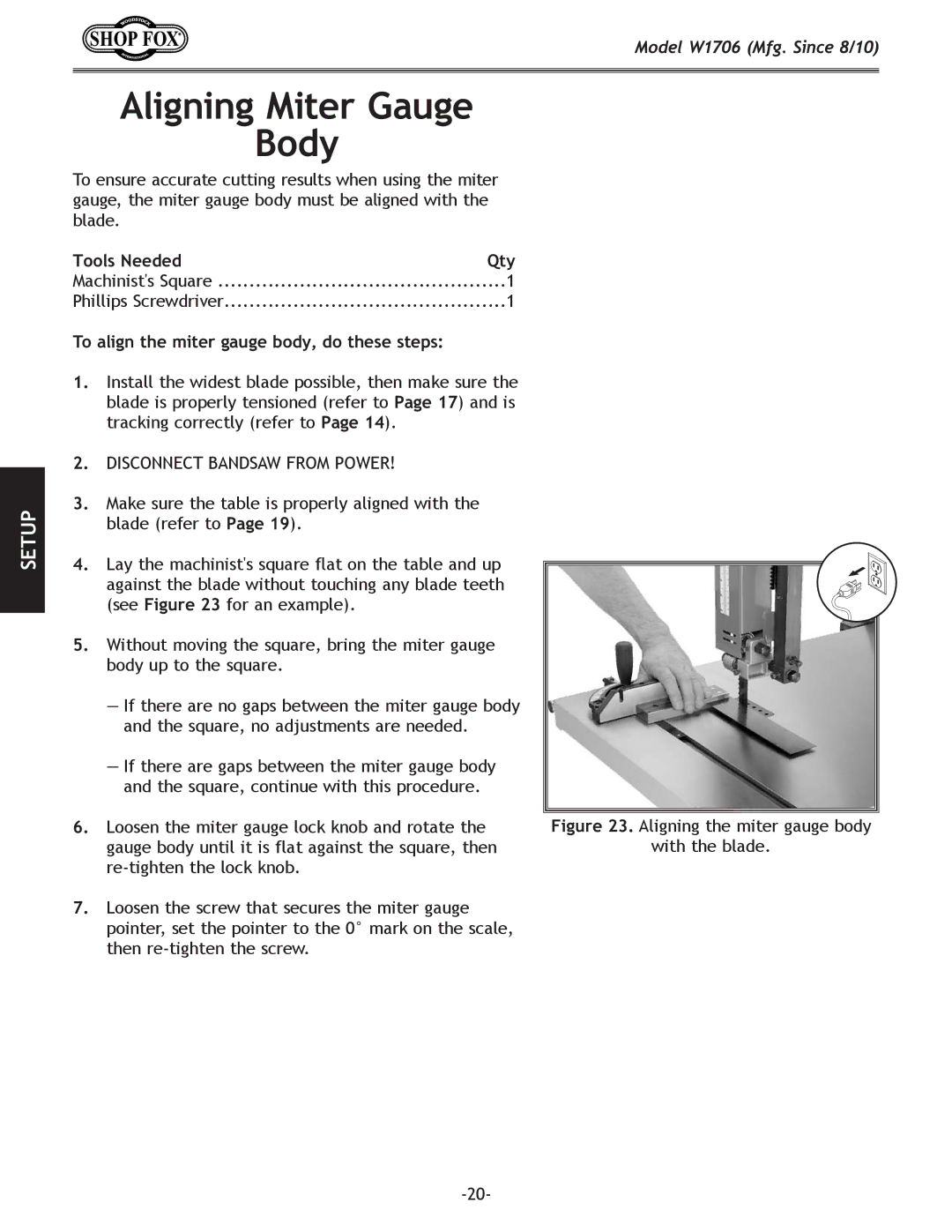 Woodstock W1706 owner manual Aligning Miter Gauge Body, To align the miter gauge body, do these steps 