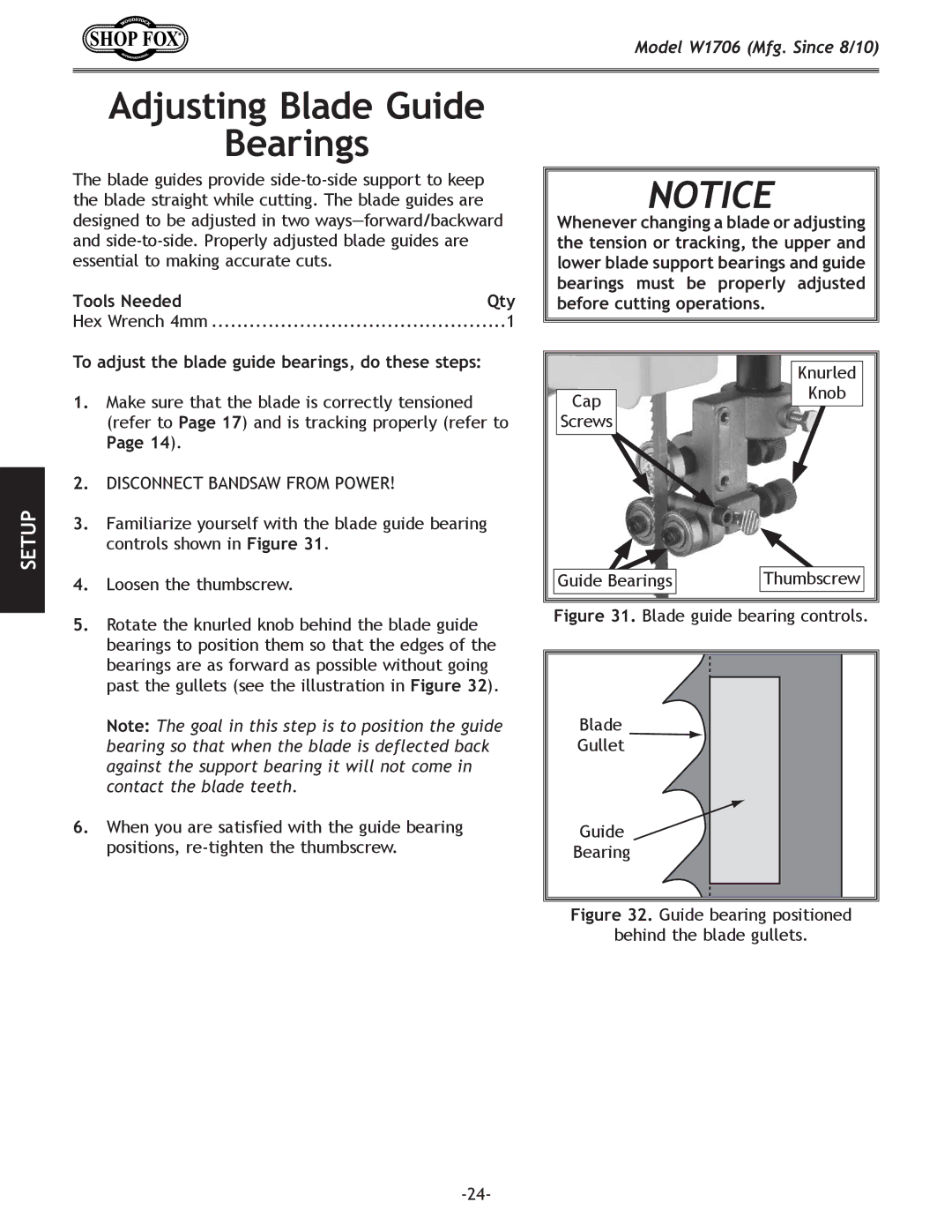 Woodstock W1706 owner manual Adjusting Blade Guide Bearings, To adjust the blade guide bearings, do these steps 