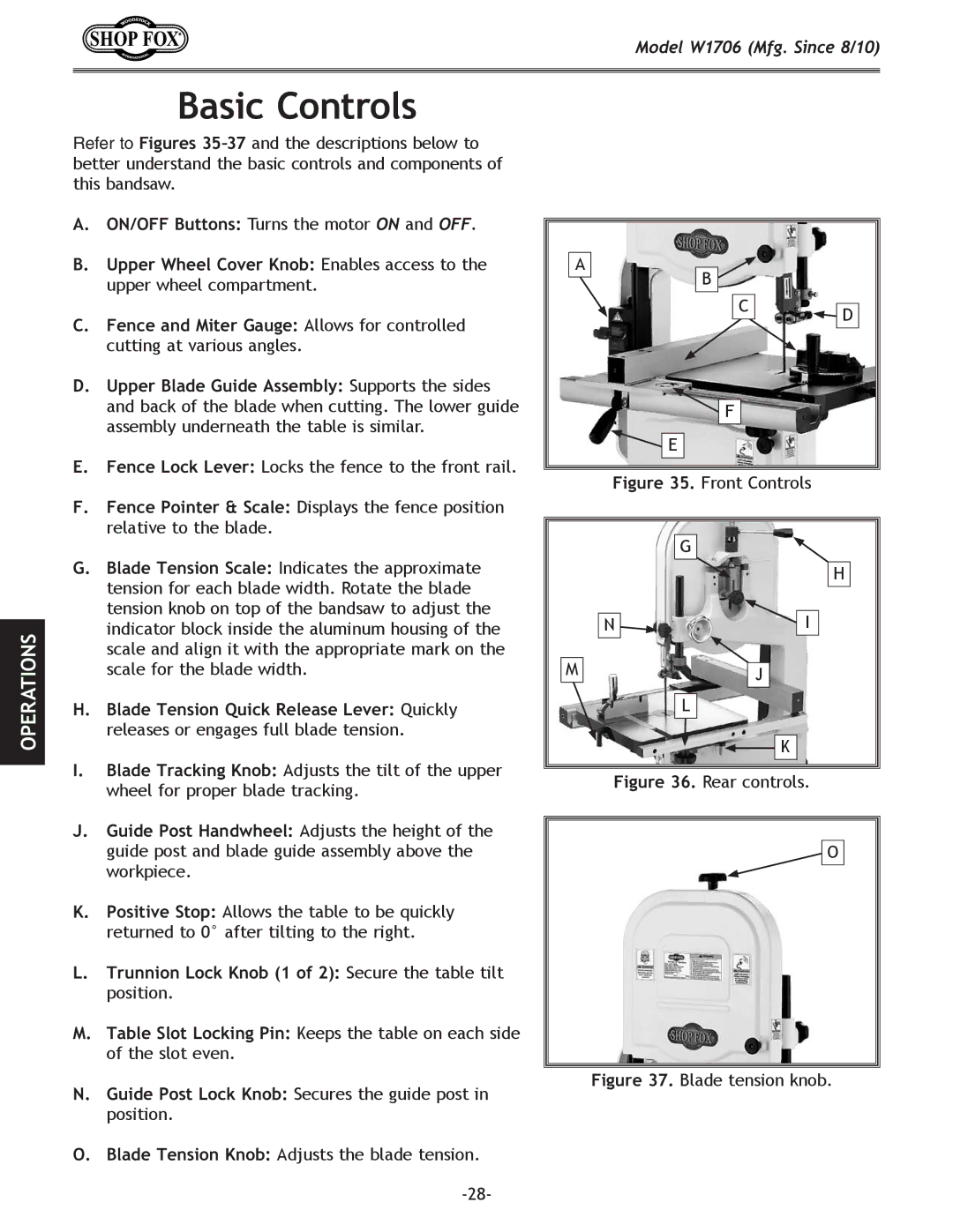 Woodstock W1706 owner manual Basic Controls 