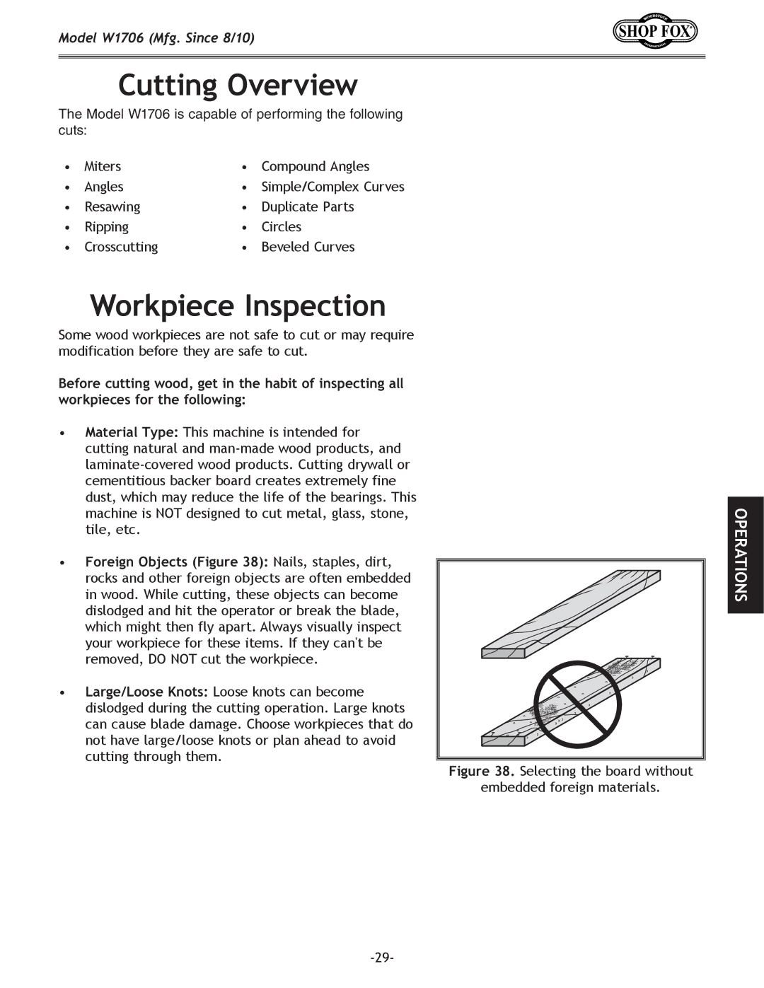 Woodstock W1706 owner manual Cutting Overview, Workpiece Inspection 