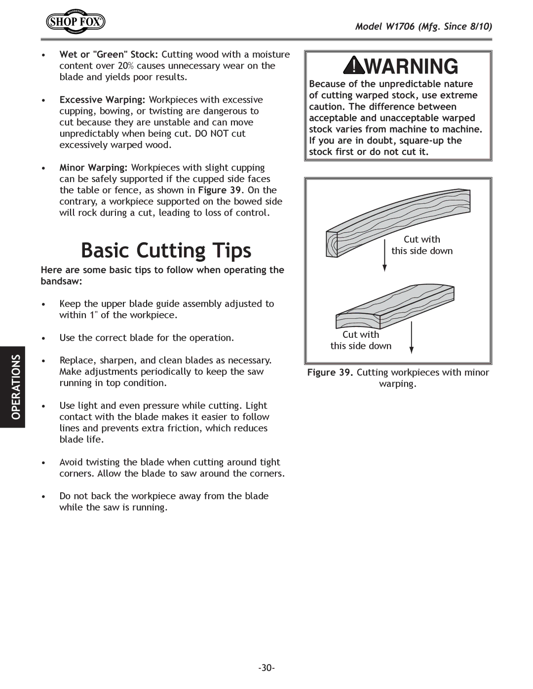 Woodstock W1706 owner manual Basic Cutting Tips, Cutting workpieces with minor Warping 