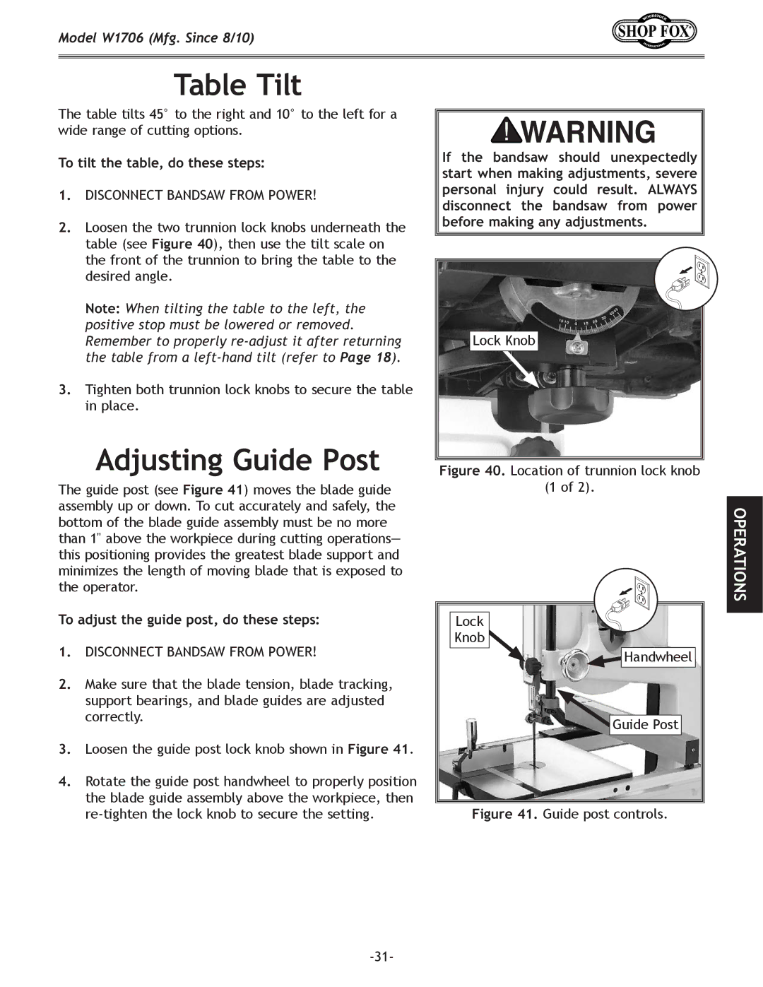 Woodstock W1706 owner manual Table Tilt, Adjusting Guide Post, To tilt the table, do these steps 