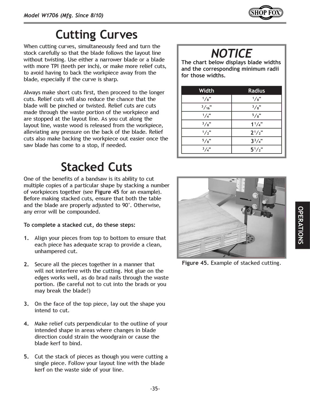 Woodstock W1706 owner manual Cutting Curves, Stacked Cuts, ⁄16, To complete a stacked cut, do these steps 