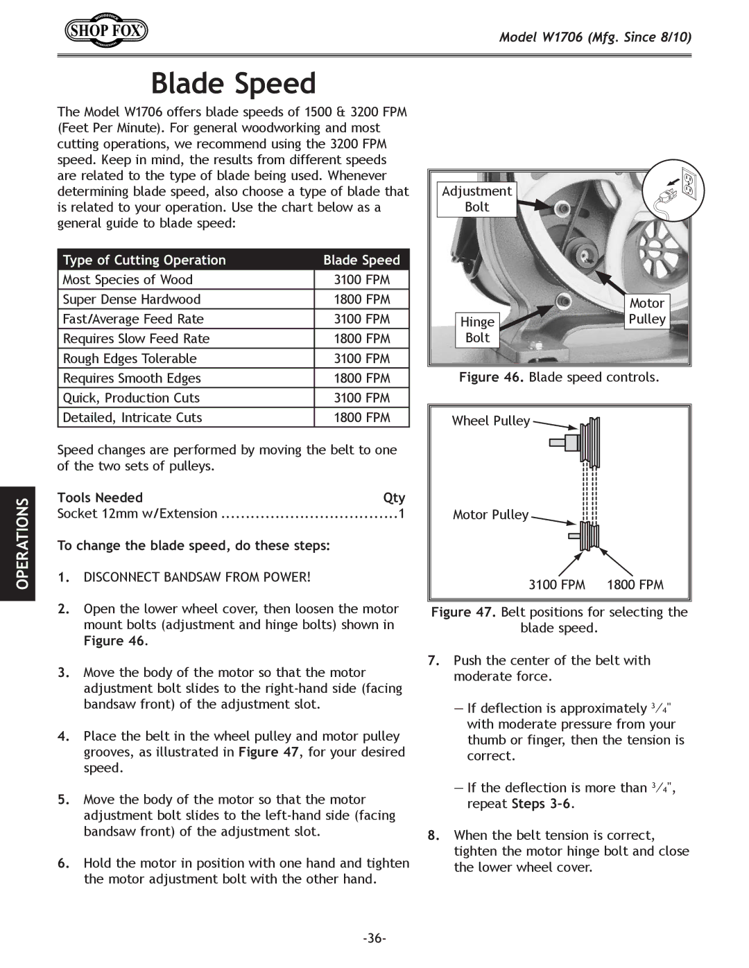 Woodstock W1706 owner manual Blade Speed, To change the blade speed, do these steps 