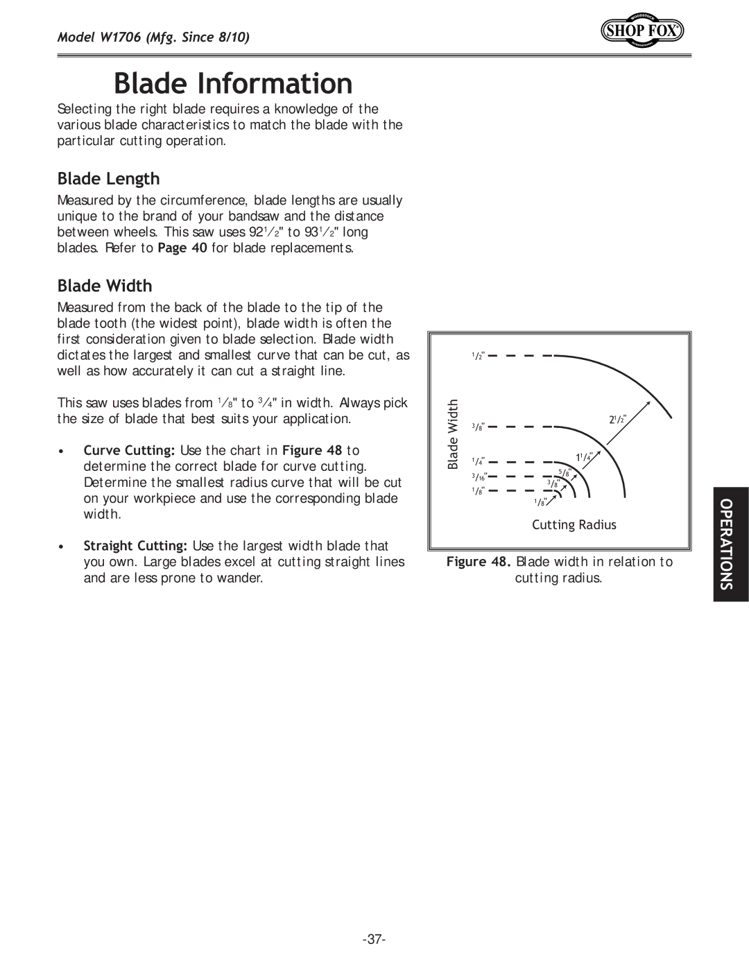 Woodstock W1706 owner manual Blade Information, Blade Length, Blade Width 