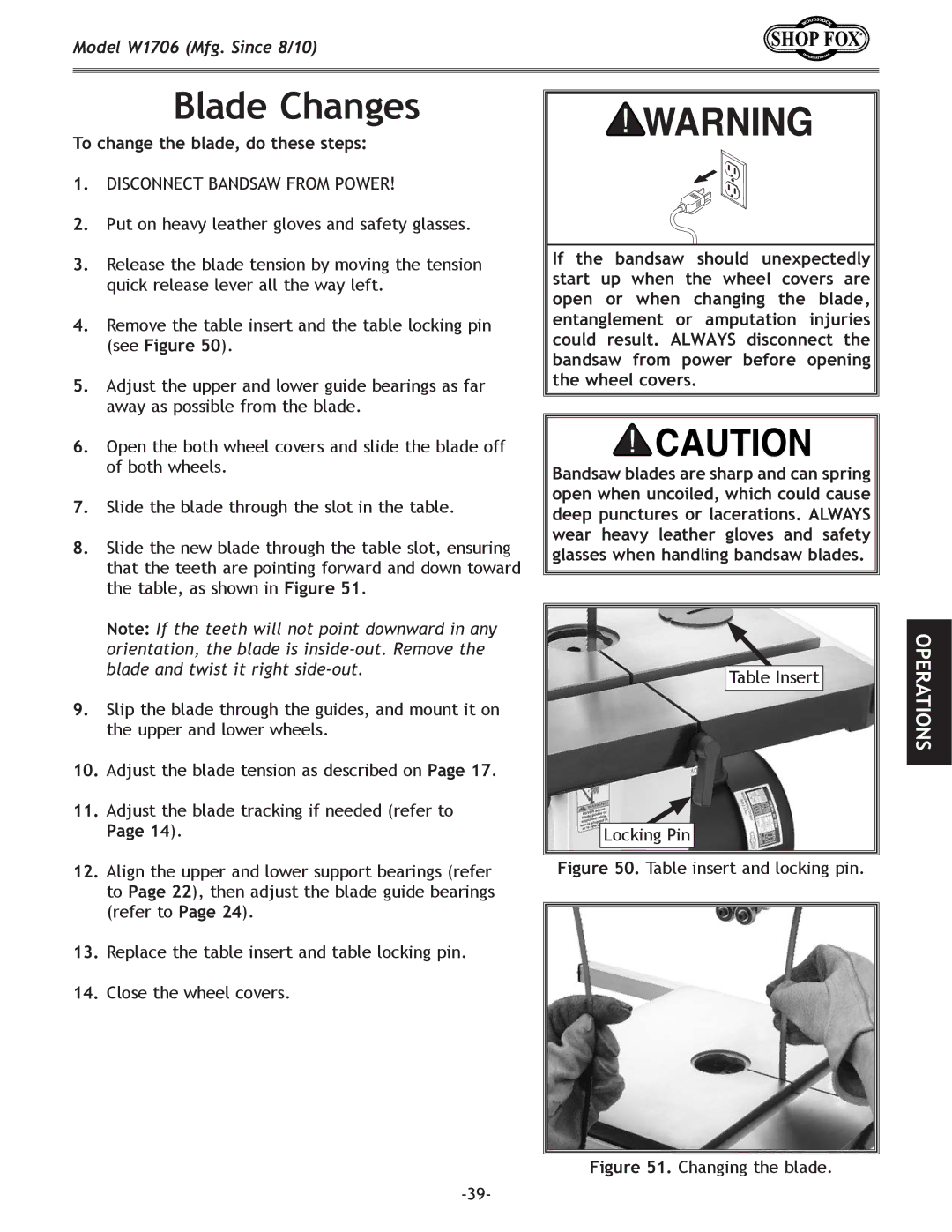 Woodstock W1706 owner manual Blade Changes, To change the blade, do these steps 