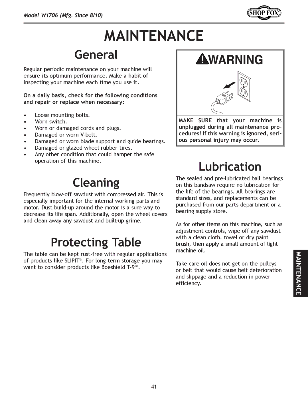 Woodstock W1706 owner manual Maintenance, Lubrication Cleaning, Protecting Table 