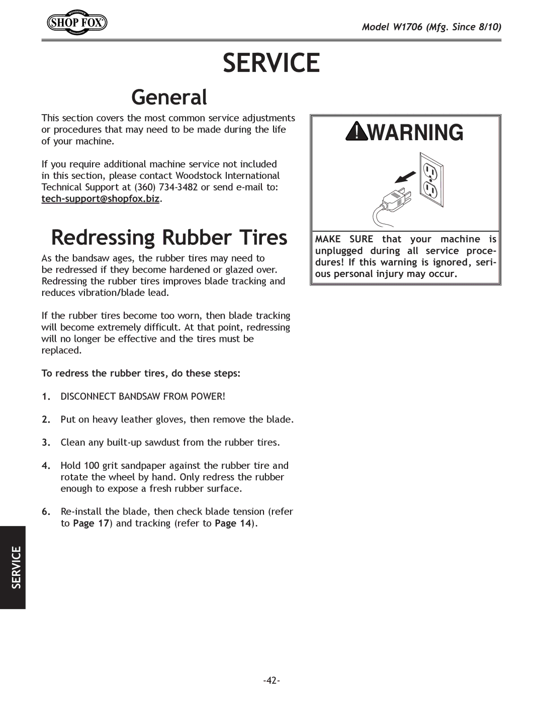 Woodstock W1706 owner manual Service, Redressing Rubber Tires, To redress the rubber tires, do these steps 