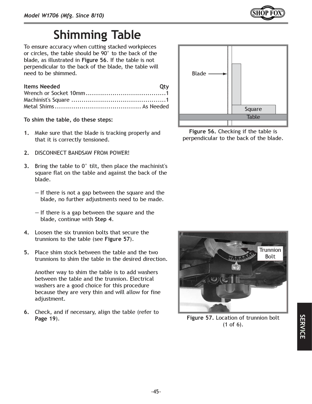 Woodstock W1706 owner manual Shimming Table, Items Needed Qty, To shim the table, do these steps 