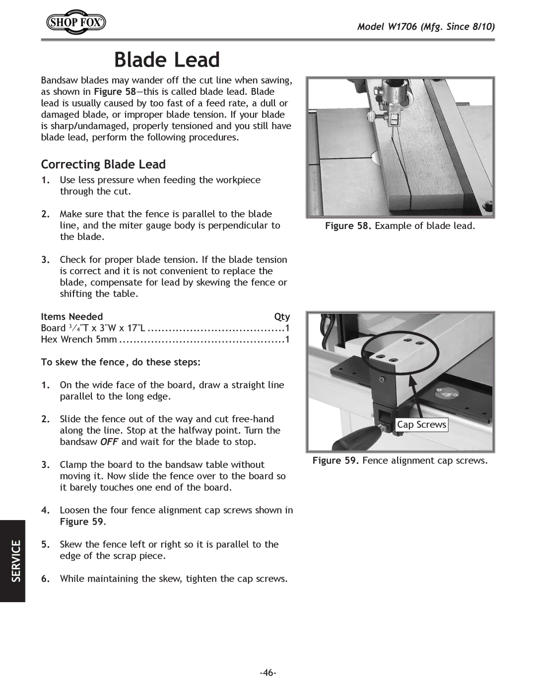 Woodstock W1706 owner manual Correcting Blade Lead, To skew the fence, do these steps 