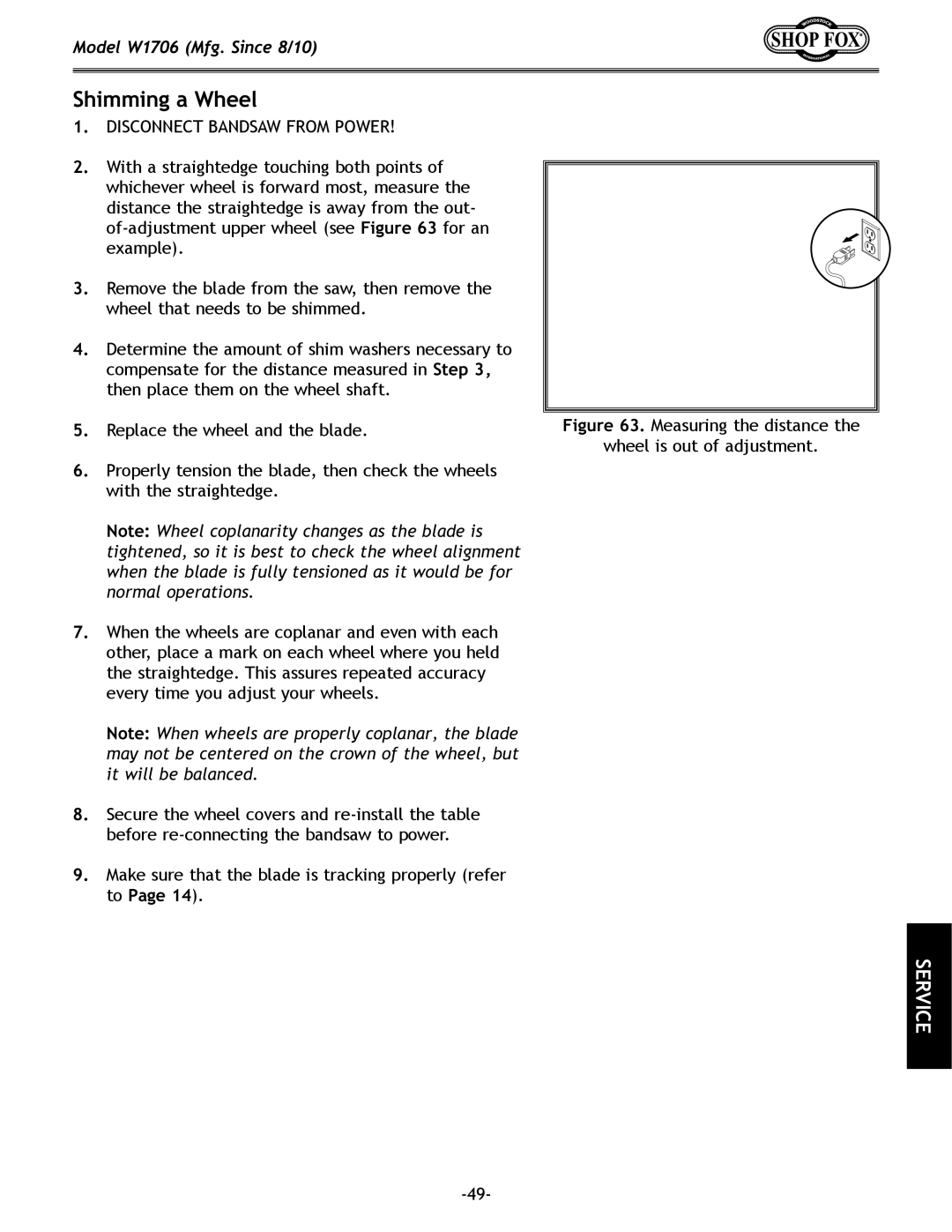 Woodstock W1706 owner manual Shimming a Wheel, Measuring the distance Wheel is out of adjustment 