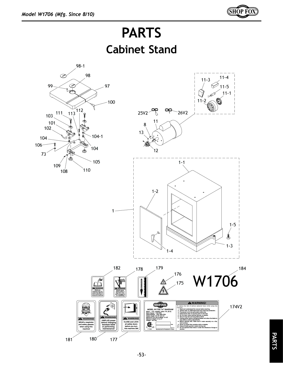 Woodstock W1706 owner manual Parts, Cabinet Stand 