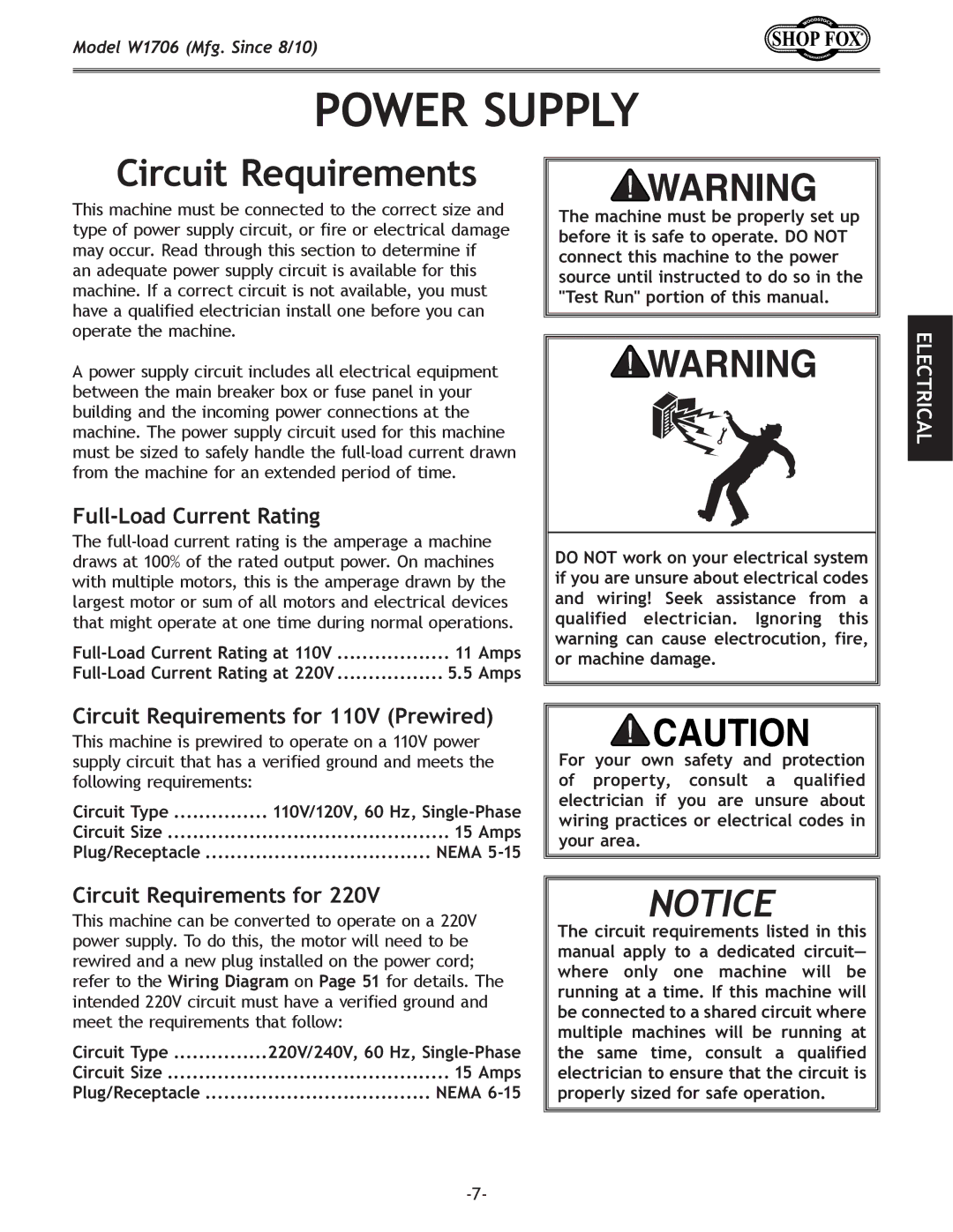 Woodstock W1706 owner manual Power Supply, Full-Load Current Rating, Circuit Requirements for 110V Prewired 