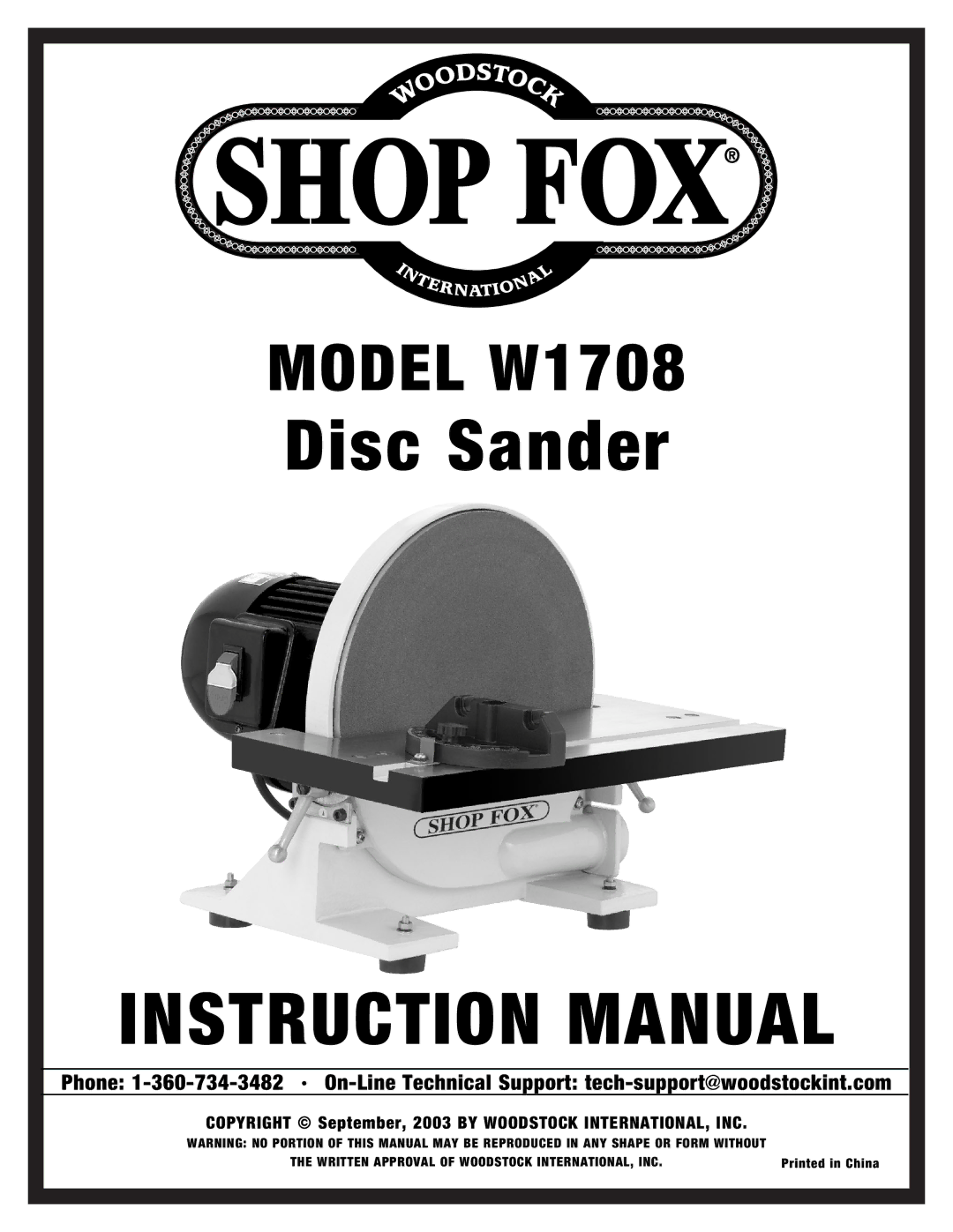 Woodstock W1708 instruction manual Disc Sander 