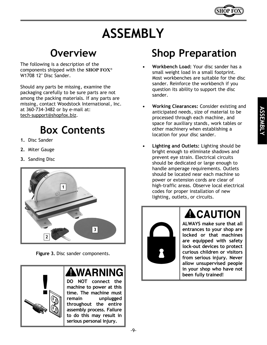 Woodstock W1708 instruction manual Assembly, Overview, Box Contents, Shop Preparation 