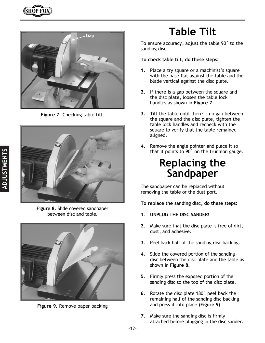 Woodstock W1708 instruction manual Table Tilt, Replacing Sandpaper, To check table tilt, do these steps 