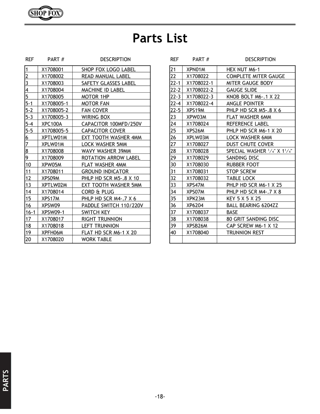 Woodstock W1708 instruction manual Parts List 