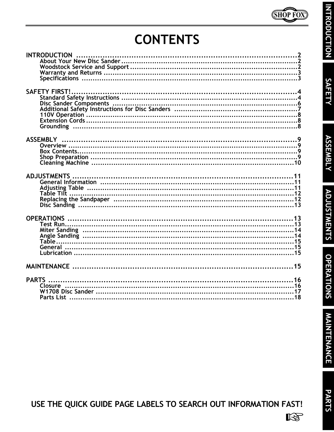 Woodstock W1708 instruction manual Contents 