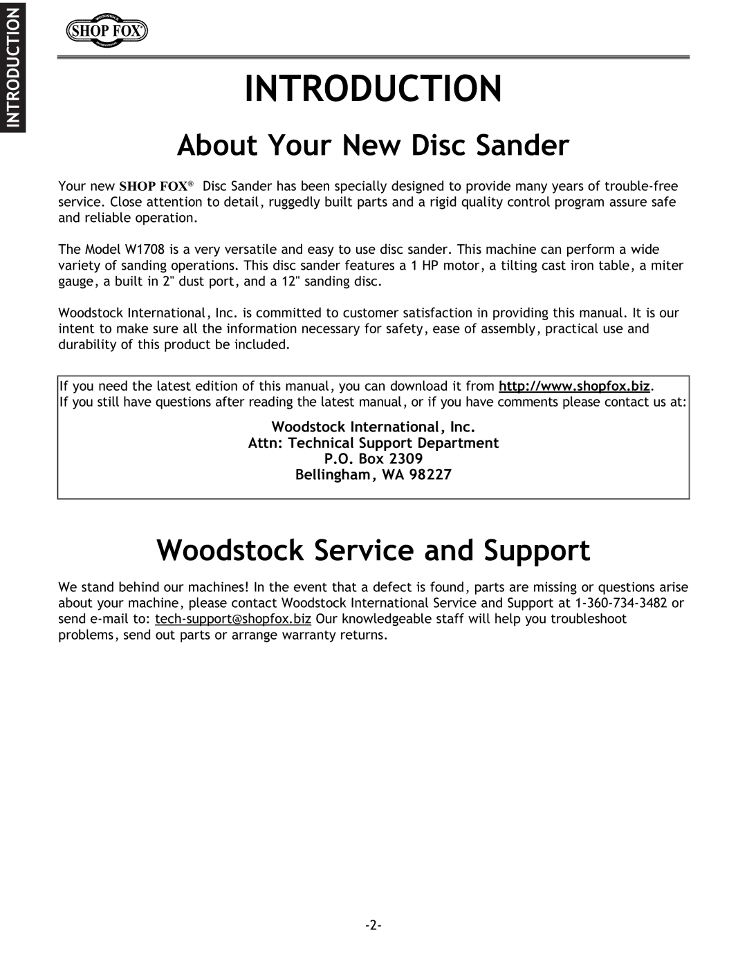 Woodstock W1708 instruction manual Introduction, About Your New Disc Sander, Woodstock Service and Support 