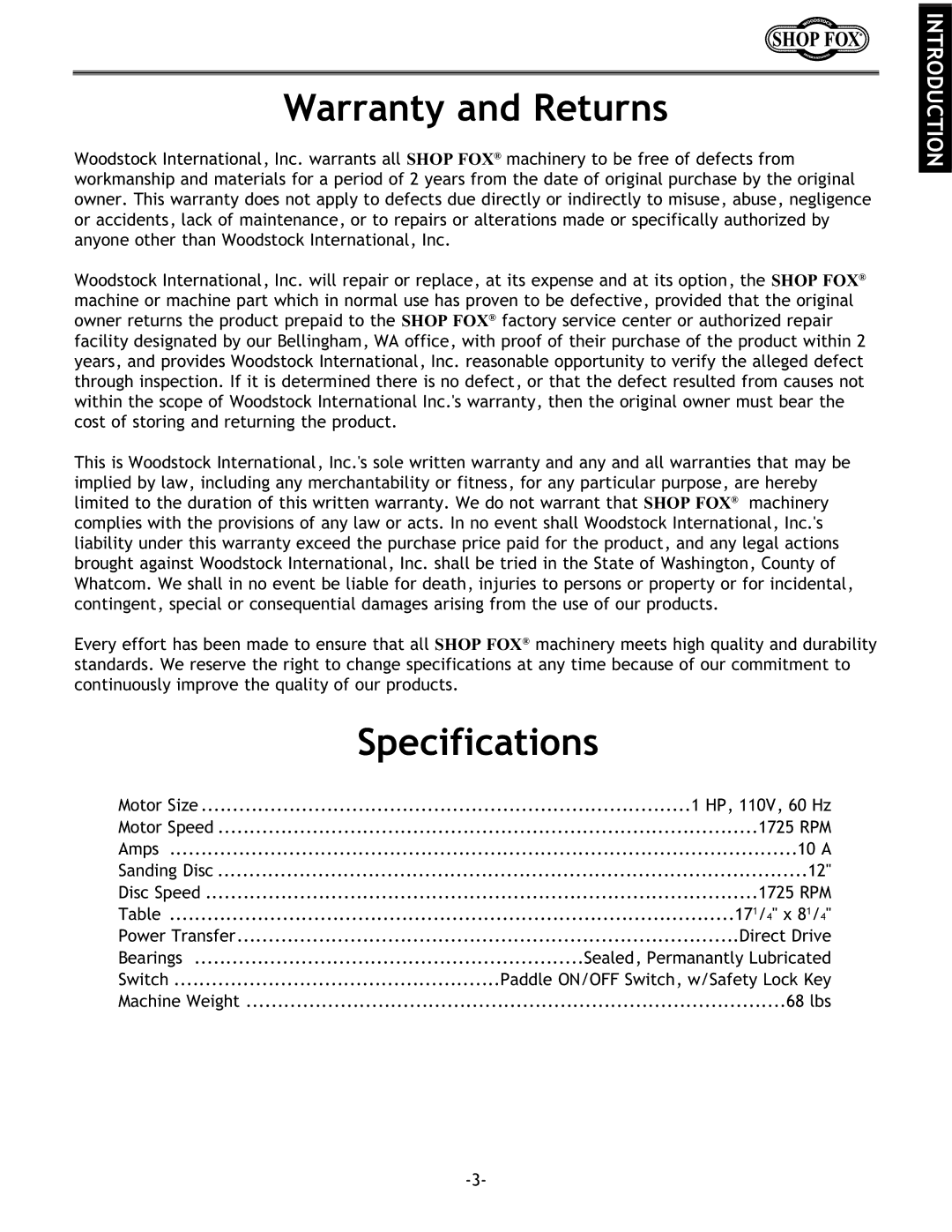 Woodstock W1708 instruction manual Warranty and Returns, Specifications 