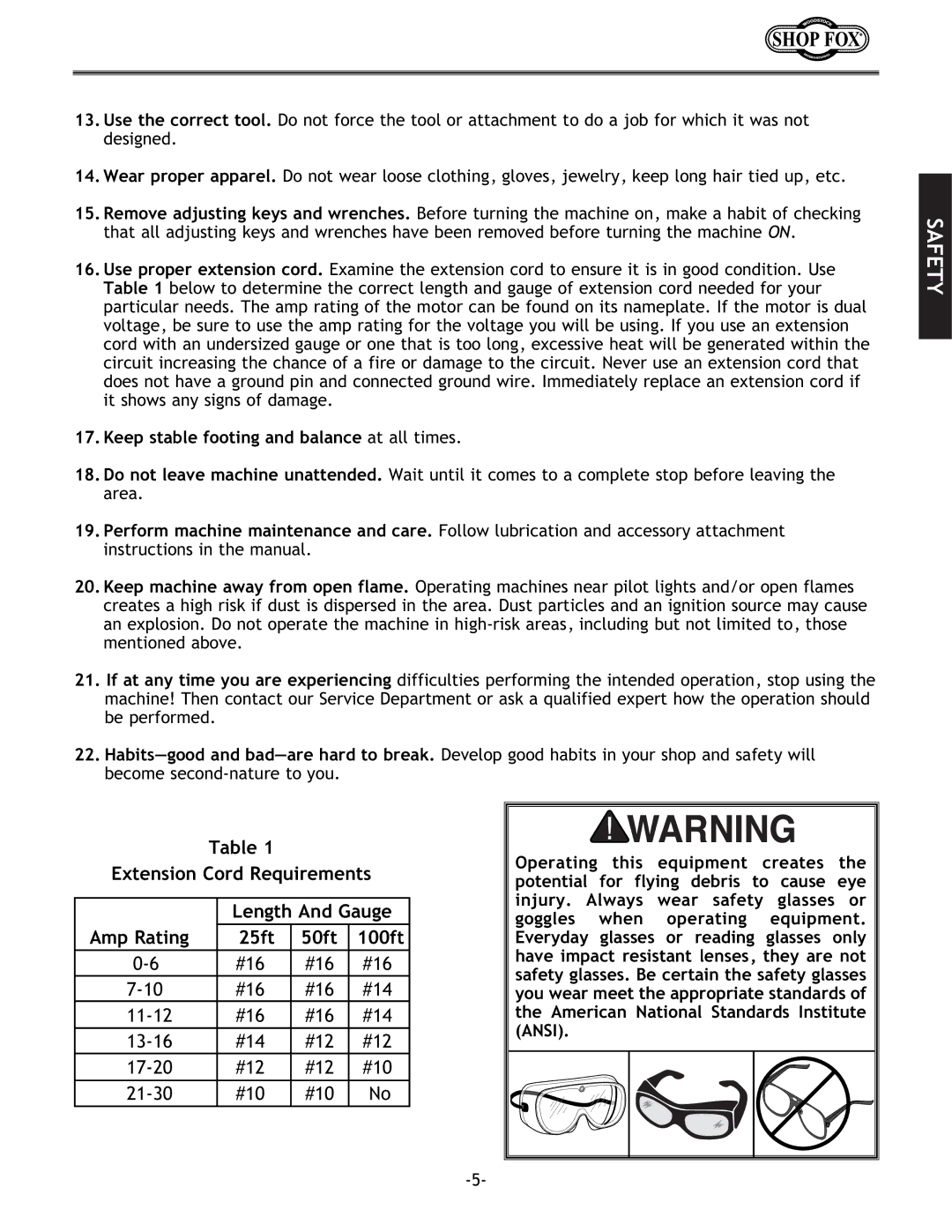 Woodstock W1708 instruction manual #16 #14 11-12 13-16 #12 17-20 #10 21-30, Keep stable footing and balance at all times 