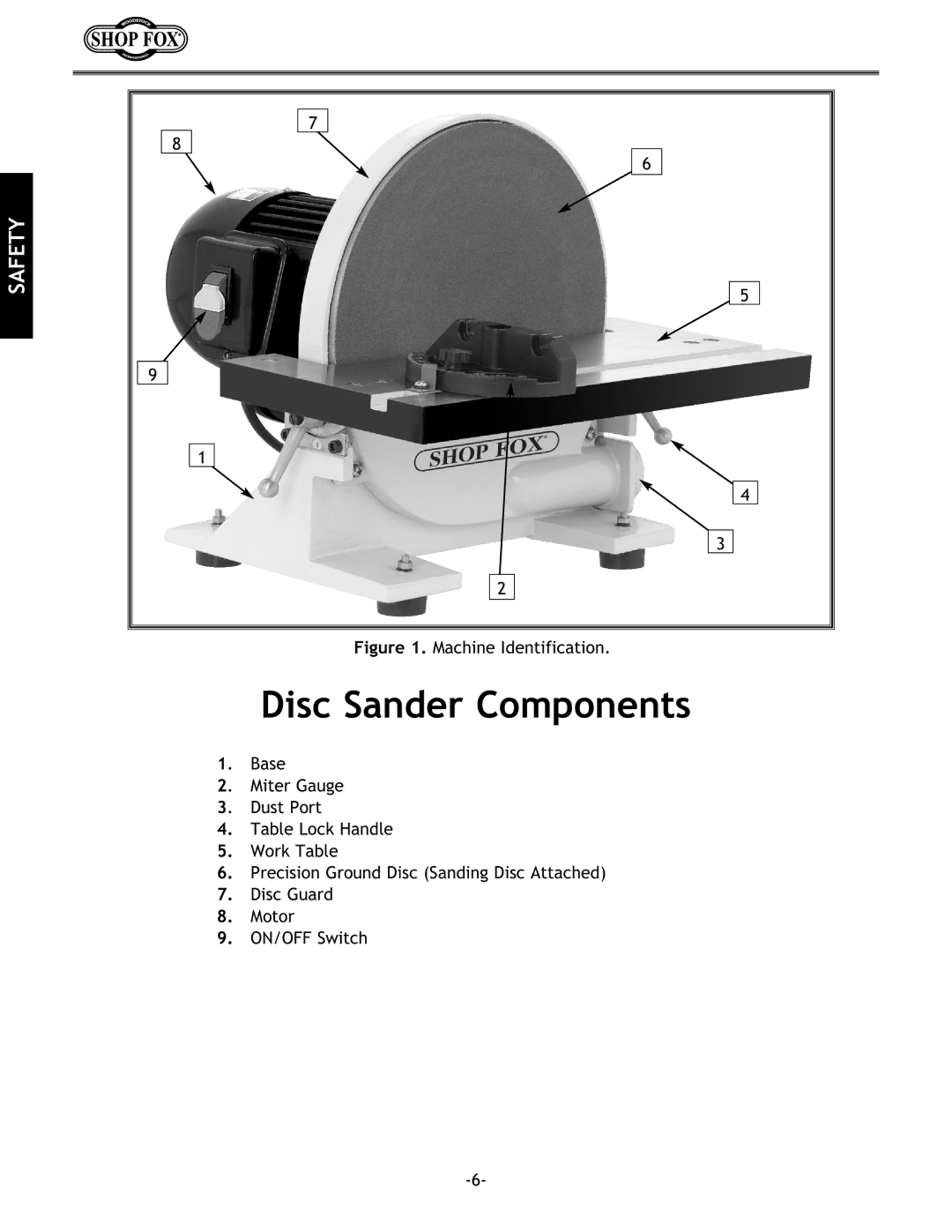 Woodstock W1708 instruction manual Disc Sander Components, Machine Identification 