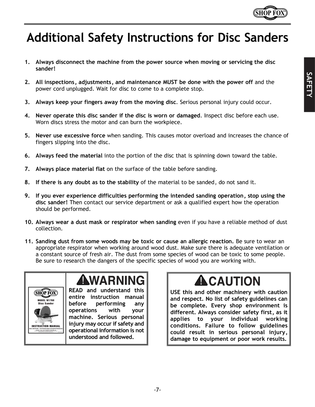 Woodstock W1708 instruction manual Additional Safety Instructions for Disc Sanders 