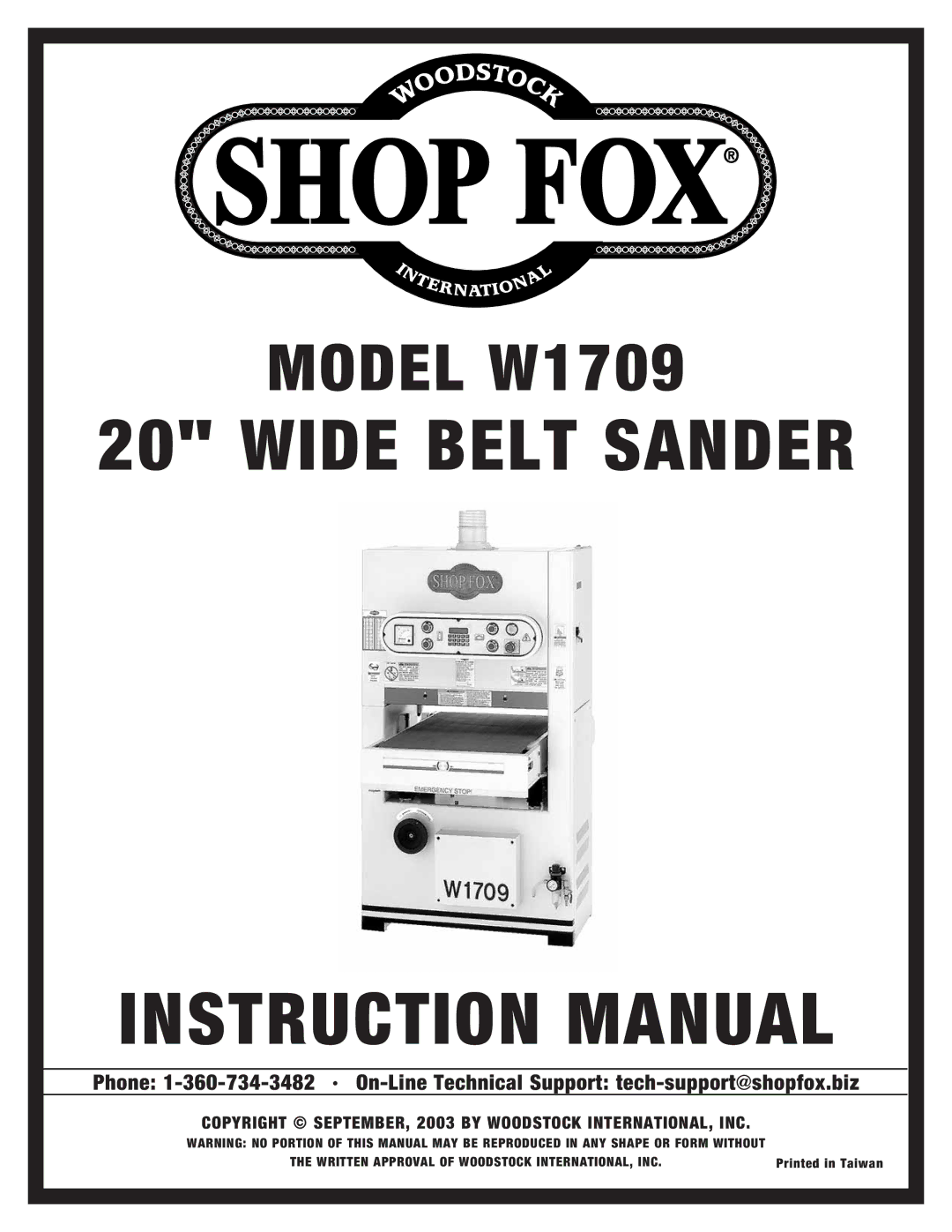 Woodstock W1709 instruction manual Wide Belt Sander 